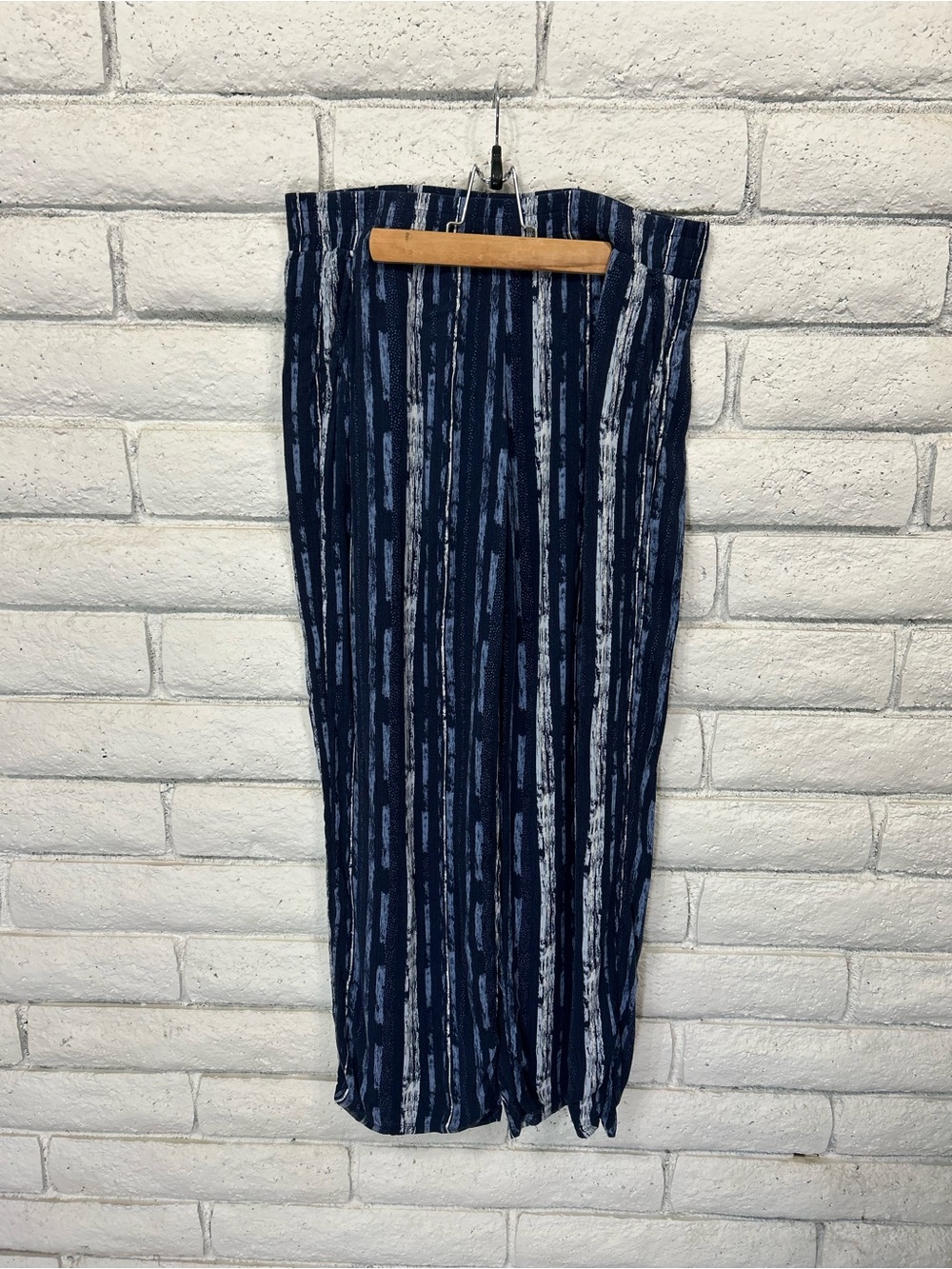 Three Dots‎ Navy Abstract Stripe Wide Leg Pants Drawstring Boho Size Large